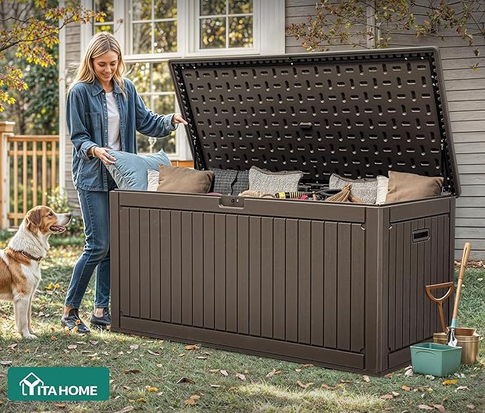 YITAHOME 320 Gallon Double-Wall Deck Box with Divider & Side Handles, Outdoor Large Storage for Patio Furniture Cushions, Garden Pool Accessories, Water Resistant & Lockable, Dark brown