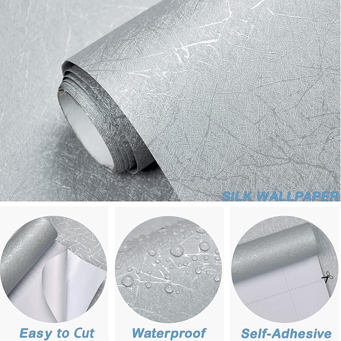 Cohoo Home Gray Peel and Stick Wallpaper Grey Silk Contact Paper