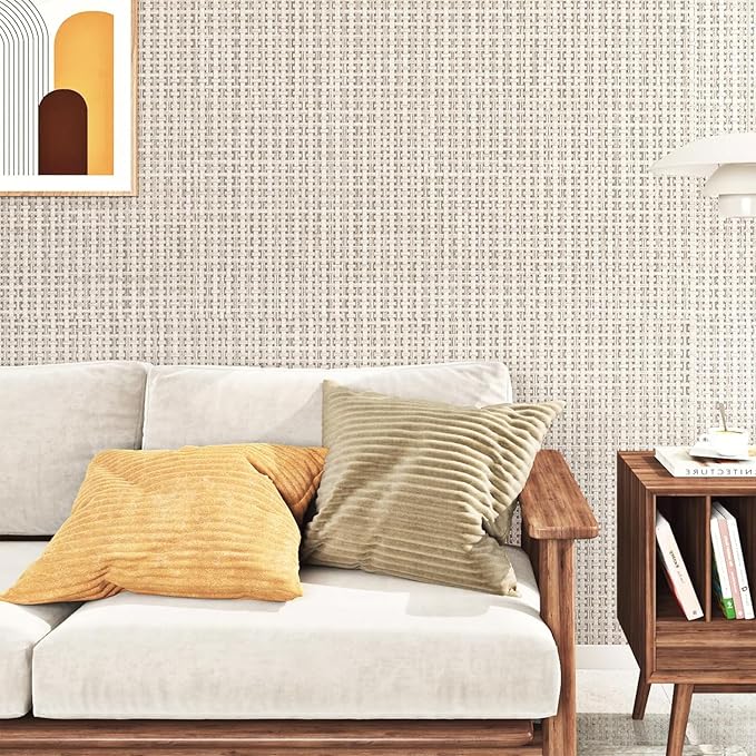 FunStick 16"x240" Thick Beige Wallpaper Peel and Stick Modern Grasscloth
