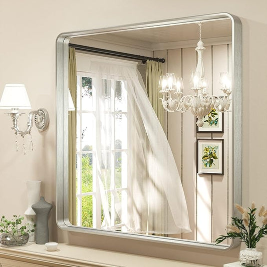TETOTE Silver Bathroom Mirror, 36 x 36 Inch Wall Mounted Square Brushed Nickel