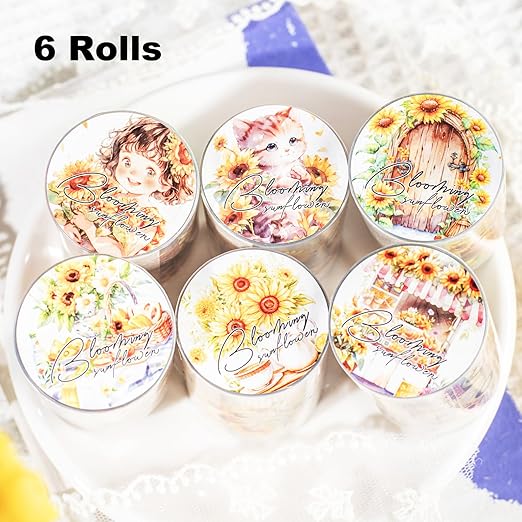 AuriicLeaf Blooming Sunflower PET Tape Set, 6 Rolls of Pre-Cut Floral Stickers for Journaling, Scrapbook Supplies, DIY Crafts, and Decorative Art