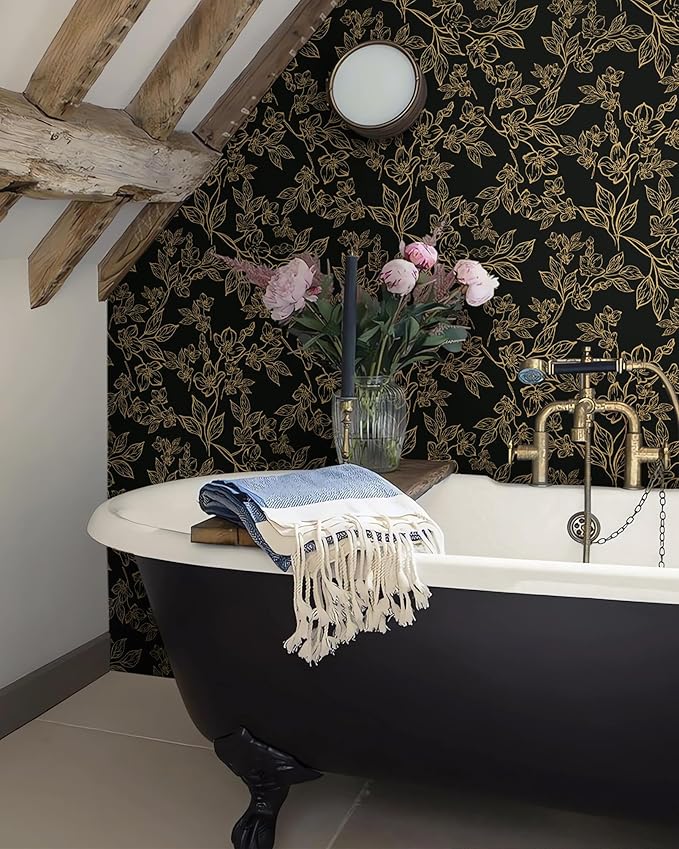 Ismoon Floral Peel and Stick Wallpaper Vintage Black and Gold Contact Paper