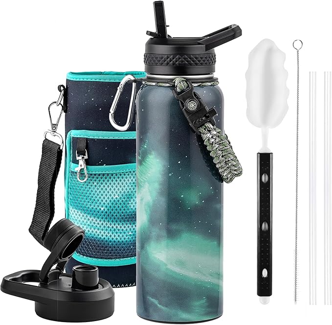 40oz Insulated Water Bottle, Triple Wall Vacuum Stainless Steel Water Bottles - Keeps Cold 48H, Reusable Metal water flask Jug for Gym, Sports, Camping, Hiking,Travel, Aurora-Green