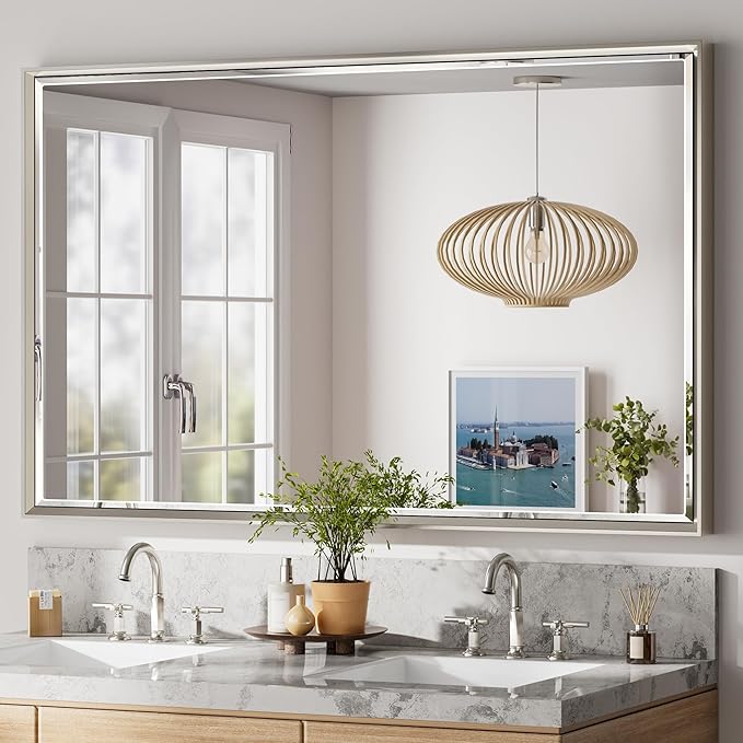 48'' x 30'' Brushed Nickel Framed Beveled Bathroom Mirror, Shatterproof