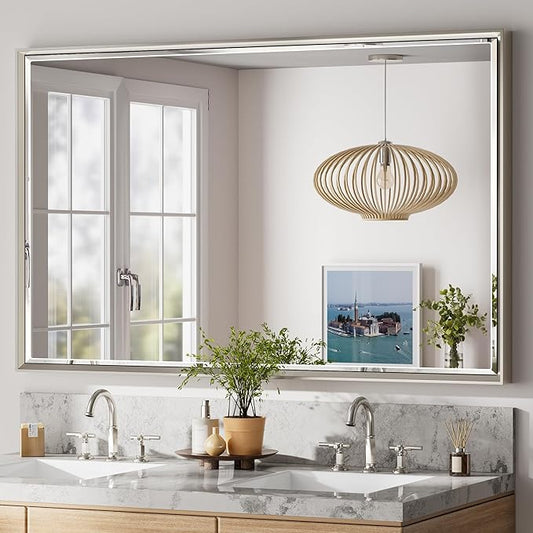 48'' x 30'' Brushed Nickel Framed Beveled Bathroom Mirror, Shatterproof