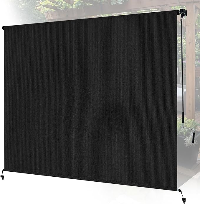 7'W x 6'H Black Patio Shades Roll up Outdoor Roller Shade Crank Wand Blind