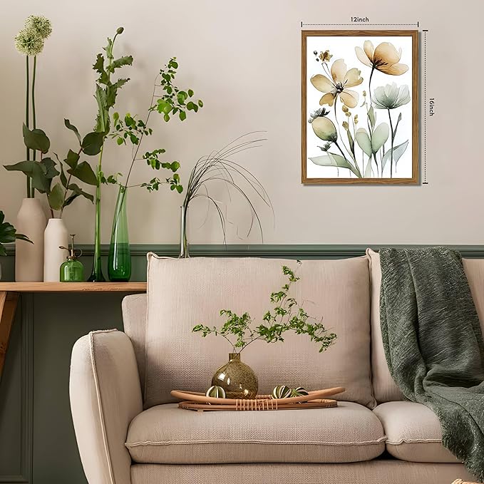 Wood Framed Sage Green Botanical Wall Art Set of 3, Boho Floral Canvas Wall