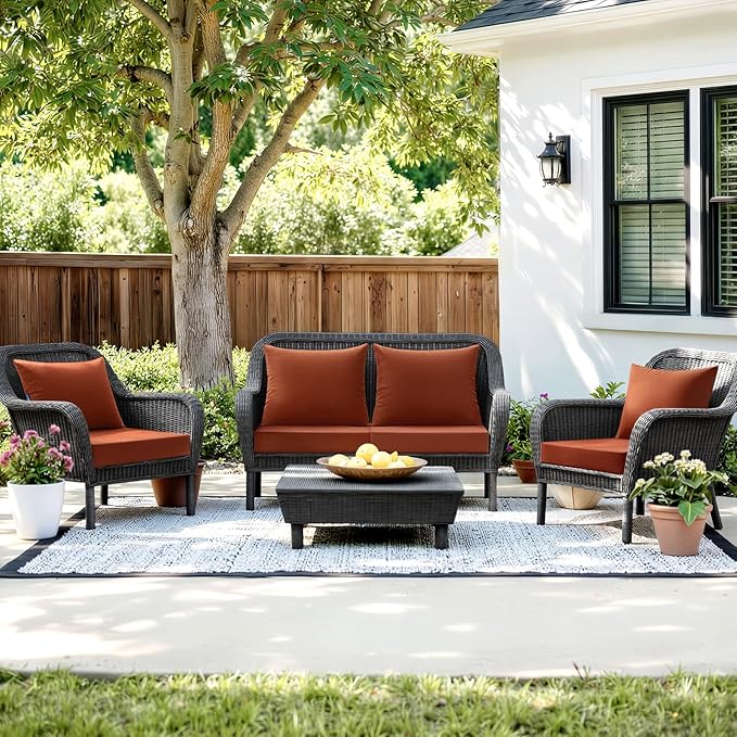 MIULEE Burnt Orange Outdoor Chair Cushion 24x24 Inch for Patio Furniture Linen Textured Waterproof & 3 Year Color Fastness Seat and Back Couch Cushion with Ties No Slip Design
