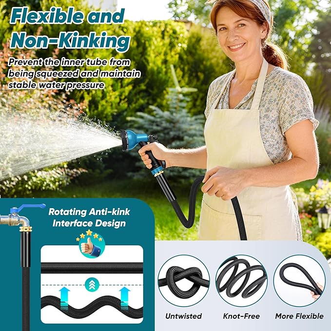Garden Hose 100FT Non-Expanding, Lightweight Hose With 10-Function Nozzle, Leak-Proof No-Knot, Easy to Carry, Wear-Resistant, Sturdy 3/4GHT Flexible Water Hose for Outdoor (Black with Nozzle)