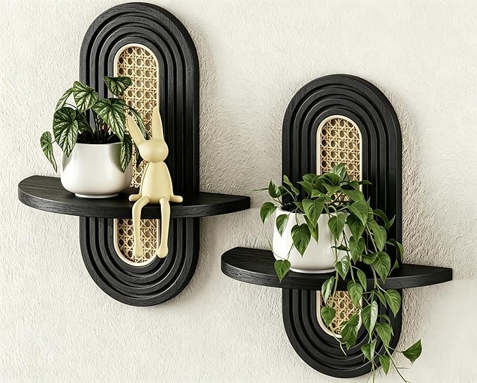 Floating Shelves for Wall, Boho Home Wall Decor, Rattan Plant Shelf Set of 2