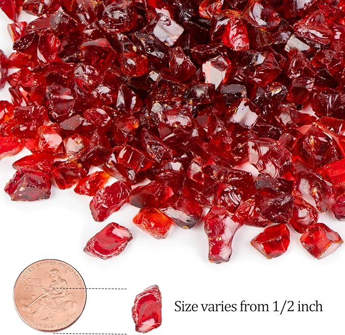 GASPRO 10 lbs Fire Glass for Propane Fire Pit, 1/2-Inch Glass Rocks for Fire Pit Table Fireplace, Red