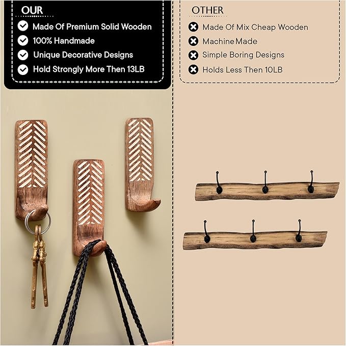IndianShelf 10 LB- 6 Pieces Decorative Wood Adhesive Wall Hooks–Boho Peel and