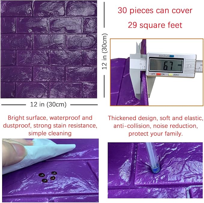 30PCS 3D Wall Panels Peel and Stick Faux Brick Wallpaper Purple Self Adhesive