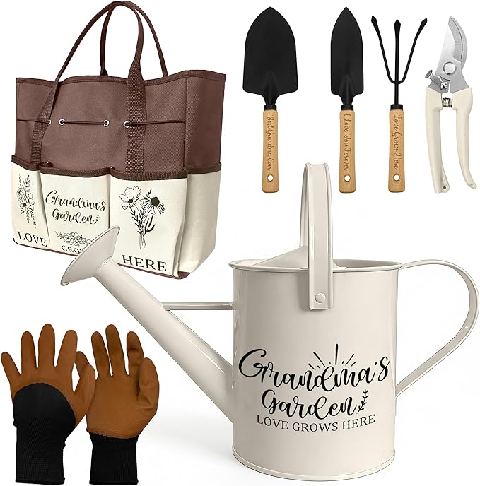 Grandma Gifts, Mothers Day Garden Kit Gifts for Grandma from Grandkids Gardening Tools and Durable Garden Tools Organizer Tote, Ideal Gardening Set for Women on Plant Lover Birthday Present Brown