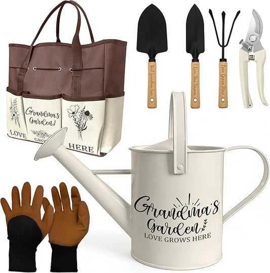 Grandma Gifts, Mothers Day Garden Kit Gifts for Grandma from Grandkids Gardening Tools and Durable Garden Tools Organizer Tote, Ideal Gardening Set for Women on Plant Lover Birthday Present Brown