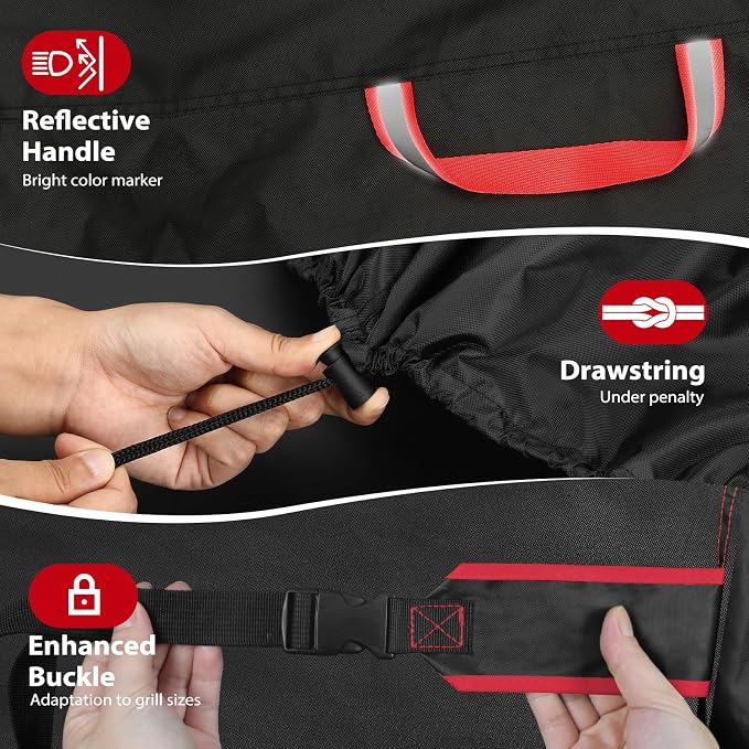 TOPCROWN Grill Cover for Outdoor Grill, BBQ Gas Grill Waterproof Anti-UV Oxford Fabric Windproof Design with Adjustable Straps, Fits Weber/Char-Broil/Nexgrill and More (420D Black+Red, 59" - 67")