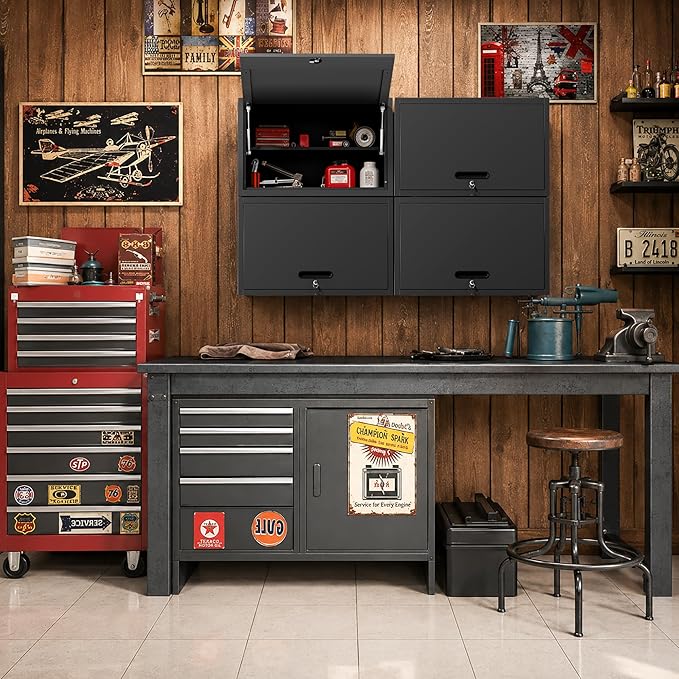 Garage Wall Cabinet with Flip-Up Door and Shelf, Lockable Metal Storage Cabinet