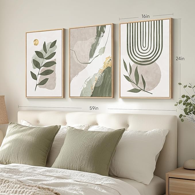 Large Framed Boho Sage Green Abstract Wall Art