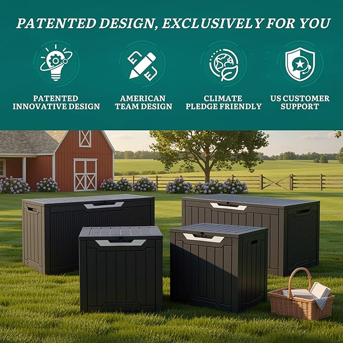 YITAHOME 100 Gallon Large Outdoor Storage Box, Water Resistant Resin Deck Box w/Silver Decorative PVC Trim Pane, Lockable Rattan Storage Container for Patio, Garden, Cushions, Tools(Black & Silver)