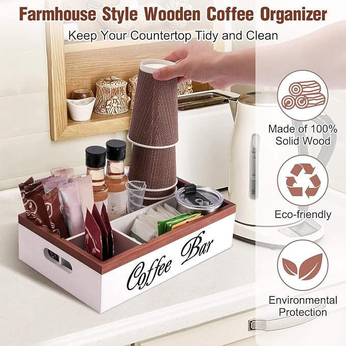 Wooden Coffee Organizer Holder with Divided Sections & Cutout Handle, Farmhouse Coffee Bar Organizer for Pods, Cups, Lids, Syrups, Stirrers & Accessories – Ideal Gift for Home or Office-White