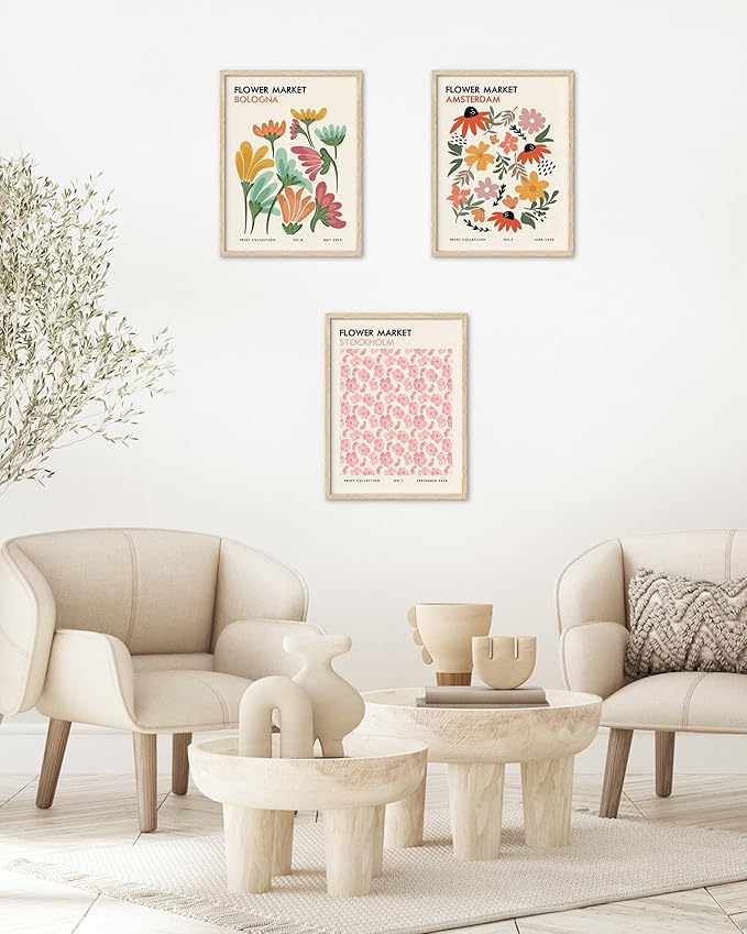 HesenDot Unframed Floral Wall Art Set of 3, 12x16in Flower Market Canvas Prints