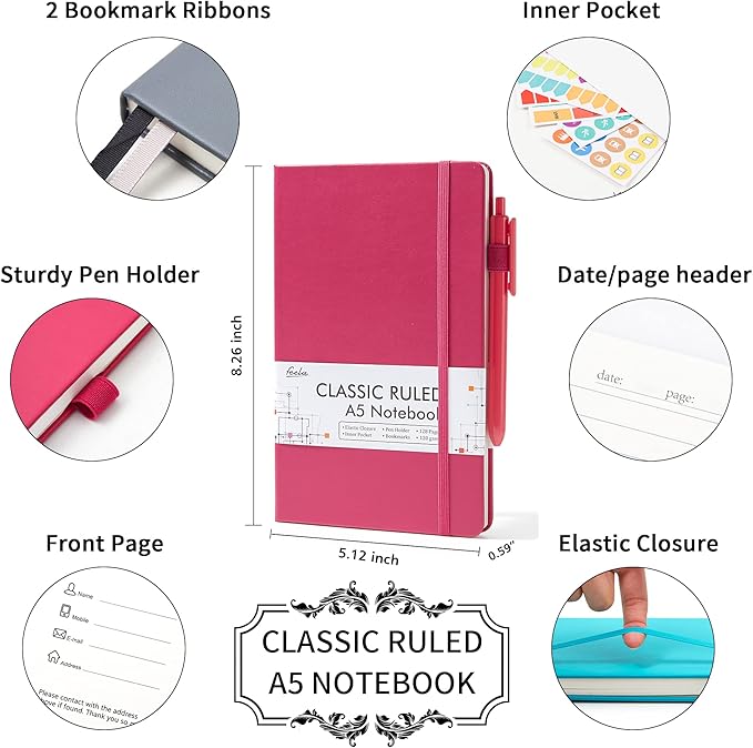 feela Hardcover Notebook For Work, Classic Ruled Lined Journal Set School Business Supplies, with 3 Black Pens, 120 GSM, 5.1”x8.3”, 3 Pack, A5, Solid Colors, Gray, Berry, Emerald