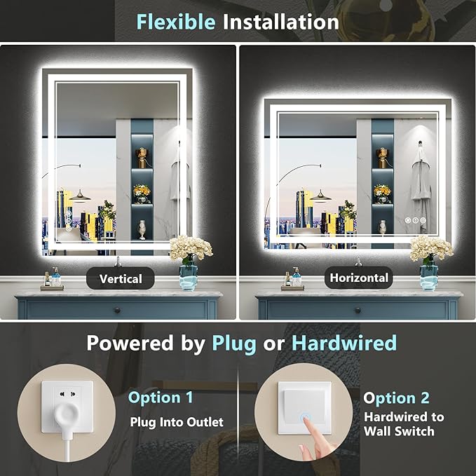 44x32 LED Bathroom Mirror with Lights, Backlit and Front Lit Anti-Fog Lighted