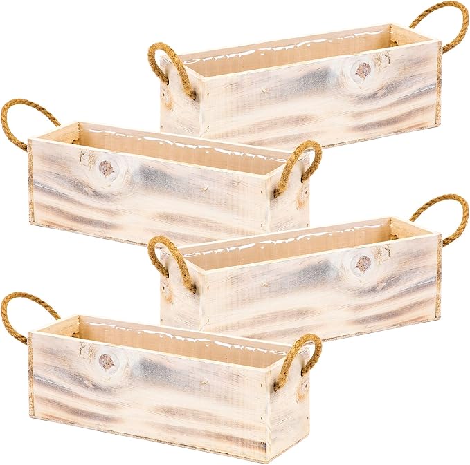 Wooden Planter Box with Handle, Rustic Whitewash, Plastic Liner l Garden Decor l Restaurant and Wedding Decorations l Table Centerpiece (12x4 w Handle Set of 4, Whitewash)