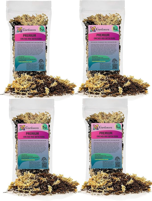 Gardenera Premium Orchid Mix by GARDENERA - 20 Quart - Fern + New Zealand Pine Bark + Sphagnum Moss + Perlite | Best for Growing and Repotting Orchids (4 Bags of 5 QT)