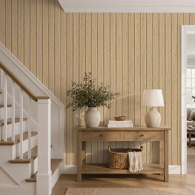 VEELIKE Tan Birch Slat Wall Panels Peel and Stick 3D Wood Grain Wall Panel