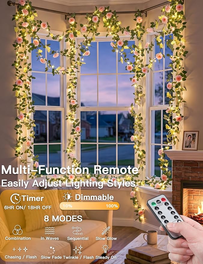 suddus Flower Garland with Pink Camellia Fairy Lights Indoor, 60 LED Vines