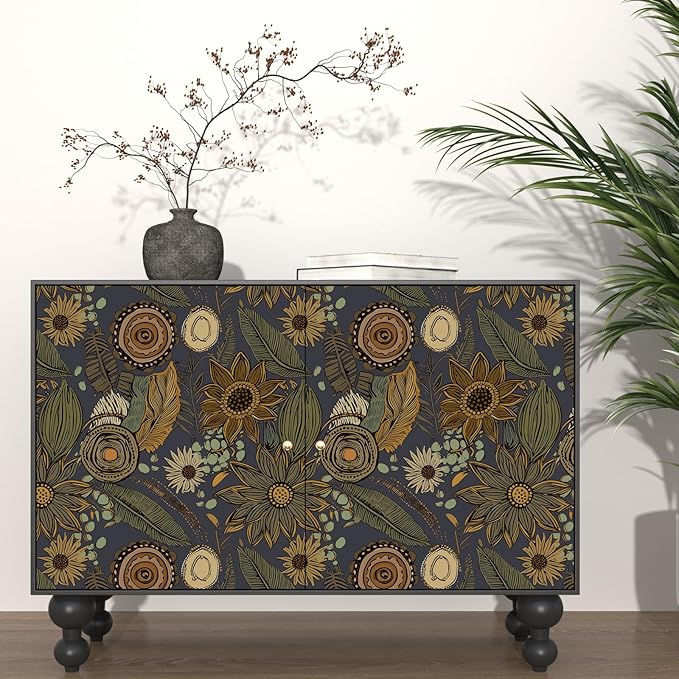 Boho Wallpaper Peel and Stick, Vintage Blue Yellow Floral Contact Paper