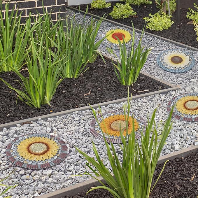 PINPON 4 Pack Sunflower Stepping Stones – 10 Inch Cement Garden Pavers with Colorful Pebble Border, Hand-Painted Outdoor Walkway Stones, Weather-Resistant Decorative Path Stones for Patio & Yard