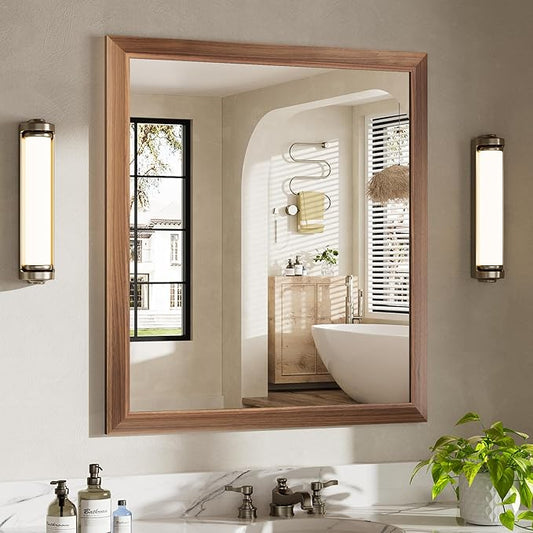 36x32 Inch Bathroom Mirror for Wall, Anti-Rust Walnut Wood Grain Metal Framed