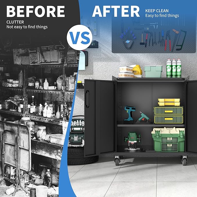 Metal Storage Cabinet with Wheels, Lockable Garage Storage Cabinet with Doors