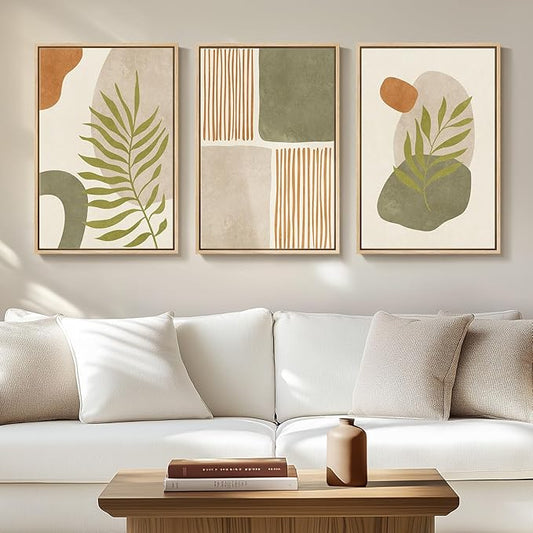 Framed Mid Century Modern Boho Wall Art Bedroom, 3 Piece Tropical Sage Green