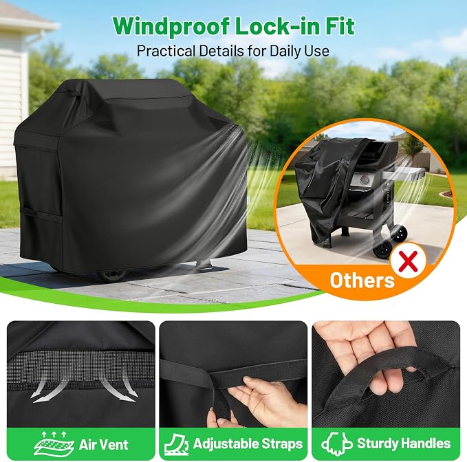 Grill Cover 55 Inch, Heavy Duty Waterproof BBQ Grill Cover for Outdoor Grill, 3-4 Burner Gas Barbecue Grill Cover for Weber, Char-Broil, Nexgrill, Windproof Protection, Black