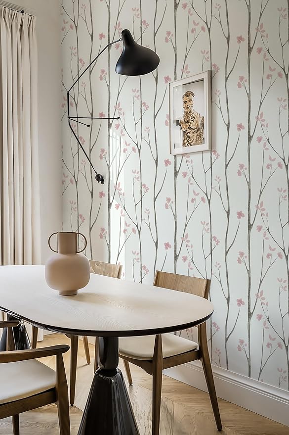 Timeet 197"x16" Floral Wallpaper Peel and Stick Wallpaper White and Pink