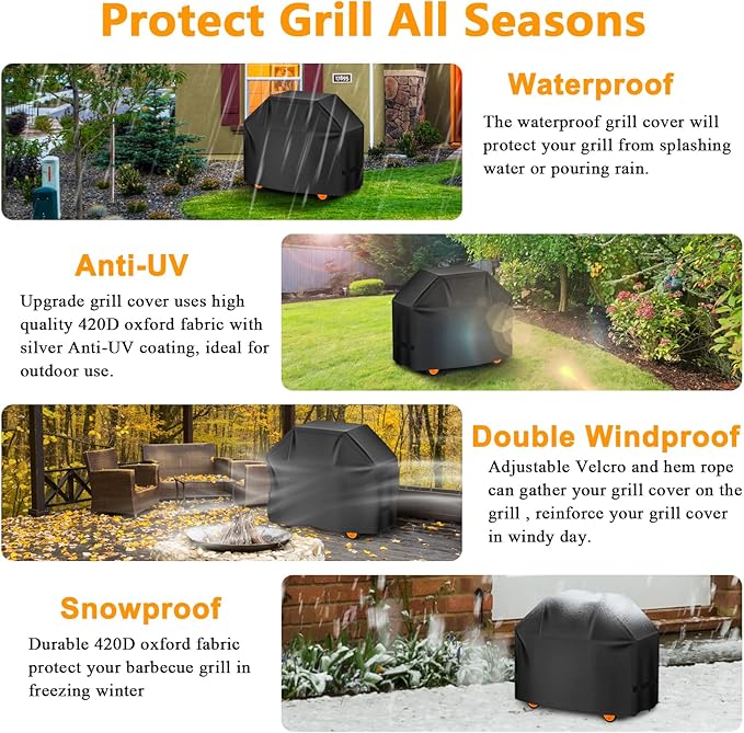 Aoretic Grill Cover 52 inches Gas-BBQ Grill Cover, Waterproof,Anti-UV Material with Hook-and-Loop Straps & Adjustable Hem Drawstring for Weber Nexgrill Char-Broil Monument Dyna-Glo