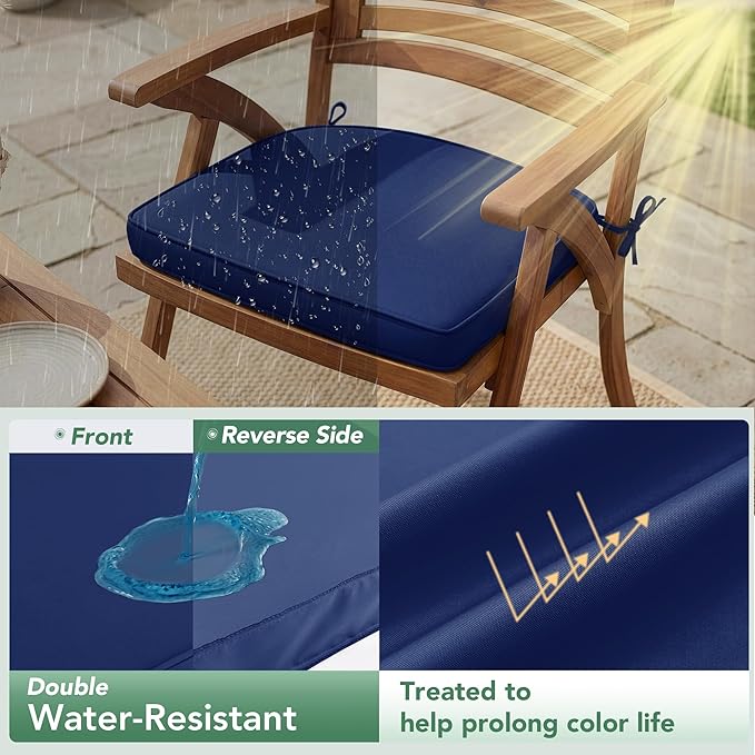 Outdoor Chair Cushions Set of 2: Waterproof & Fade Resistant Patio Furniture Cushions - 17 x 16 x 2 Inch Non Slip Round Corner Seat Cushion Pads with Removable Cover for Garden Yard Lawn, Navy Blue