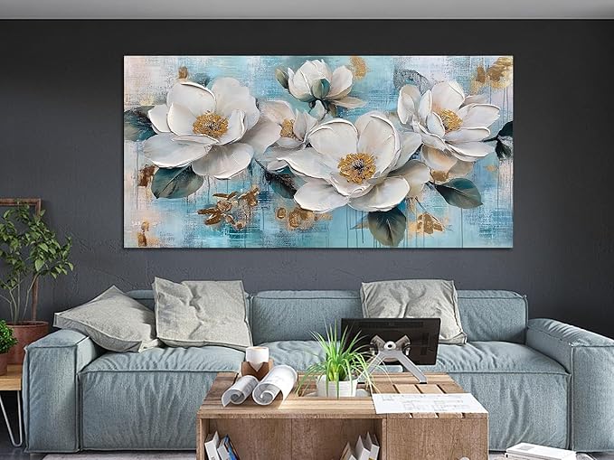 Ardemy Flower Wall Art for Living Room White Floral Canvas Art Wall Decor