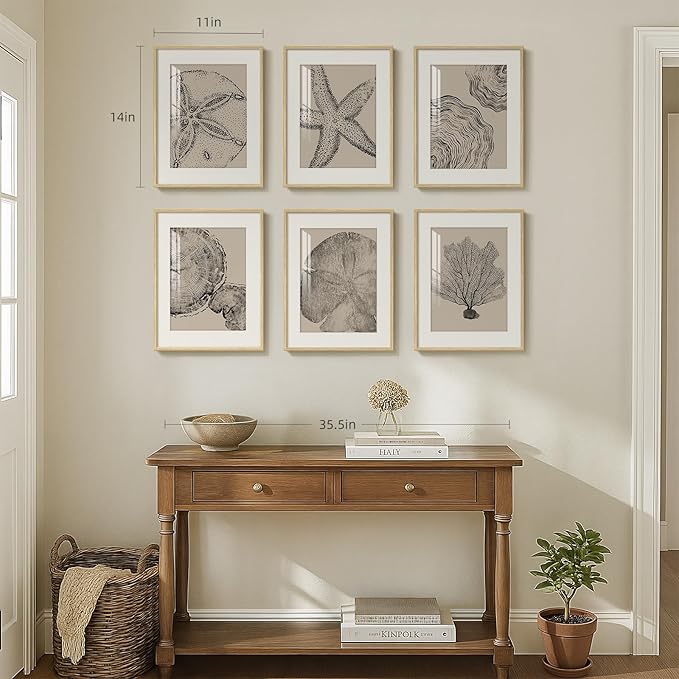 Framed Coastal Wall Art for Living Room, 6 Piece Neutral Black Beige Modern