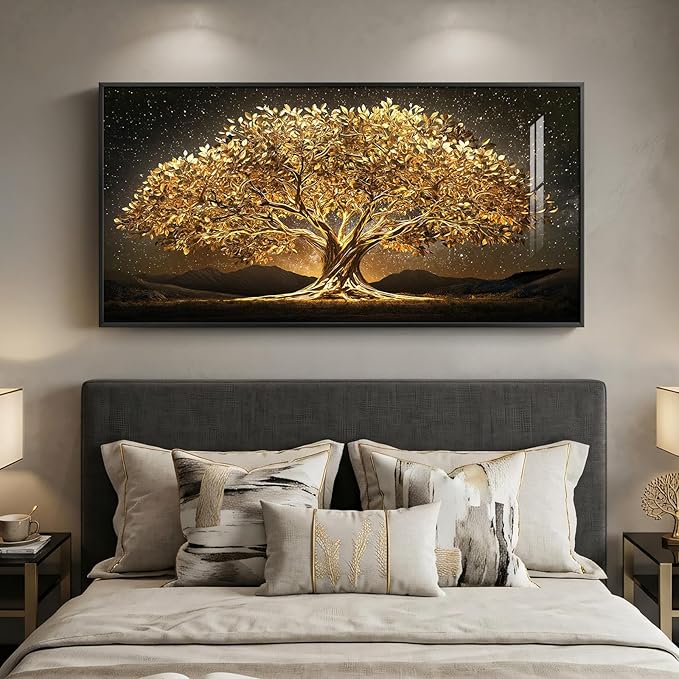 Large Framed Black and Gold Tree of Life Wall Art, Modern Luxury Tree Painting