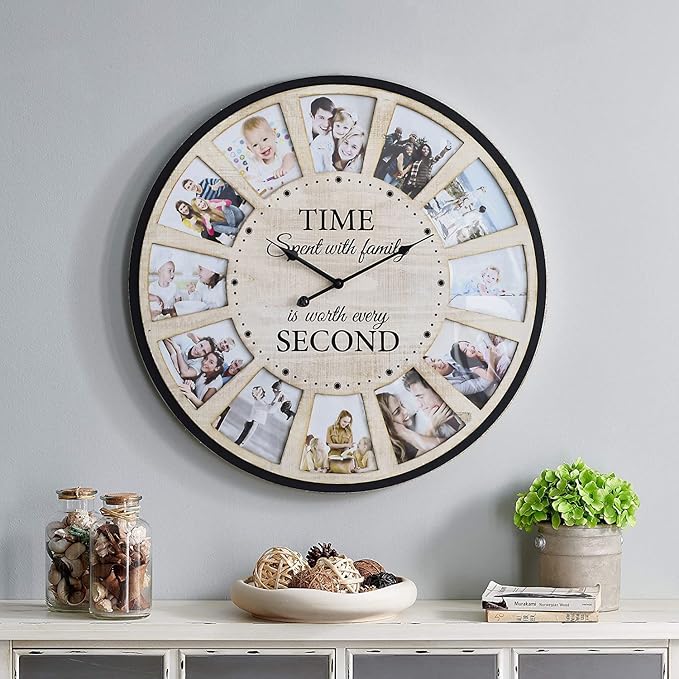 12 Photo Collage Rustic Wood Farmhouse Wall Clock, Large Family Picture Wall