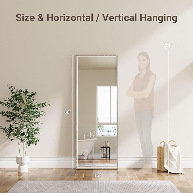 16''x 60'' Tall Brushed Nickel Mirror, Beveled Bathroom Mirror