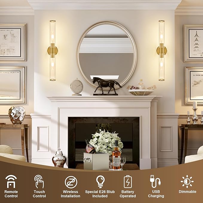 Morauroral Gold Battery Operated Wall Sconces Set of 2, Rechargeable Wall Lights