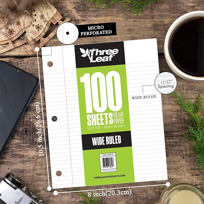 Three Leaf 100 Sheets Wide Ruled Filled Paper, 1728 Ct. (48 Cases X 36 Filler Paper), Loose-Leaf Sheets For School And Office 100 Ct. Filler Paper, Notebook Paper