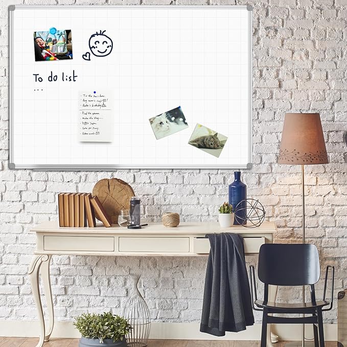 JILoffice Magnetic Dry Erase Planning Board, Grid Pattern White Board 48 x 36 Inch, Silver Aluminum Frame with Detachable Marker Tray for Office School and Home