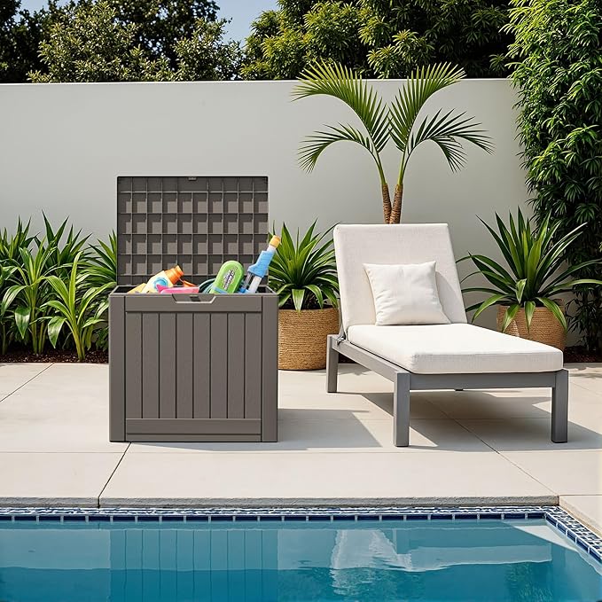 Flamaker Resin Deck Box 40 Gallon Waterproof Outdoor Indoor Storage Box Imitation Wood Resin for Patio Furniture Garden Tools and Pool (Deep Brown)
