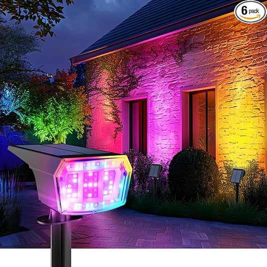 AUDERWIN Solar Spot Lights Outdoor, 9 Lighting Modes RGB, Solar Lights Outdoor Waterproof IP65, 63 LED Landscape Spotlights for Holiday Decorations